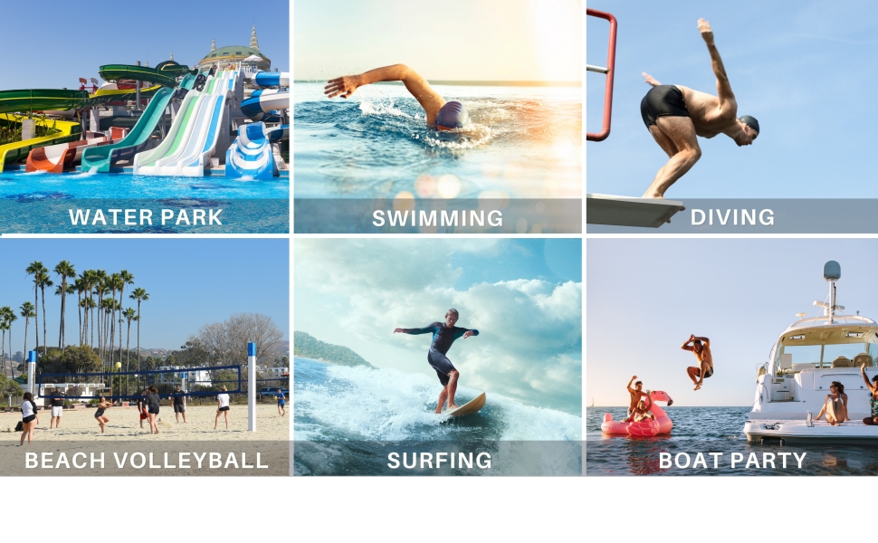swimming, surfing, diving
