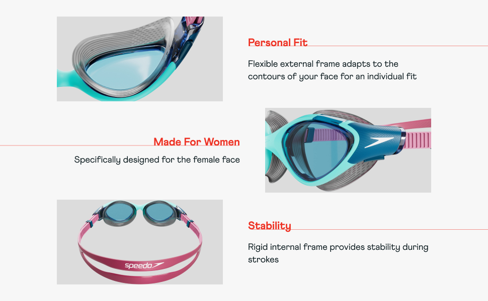 Three close up images of pink and blue swimming goggles