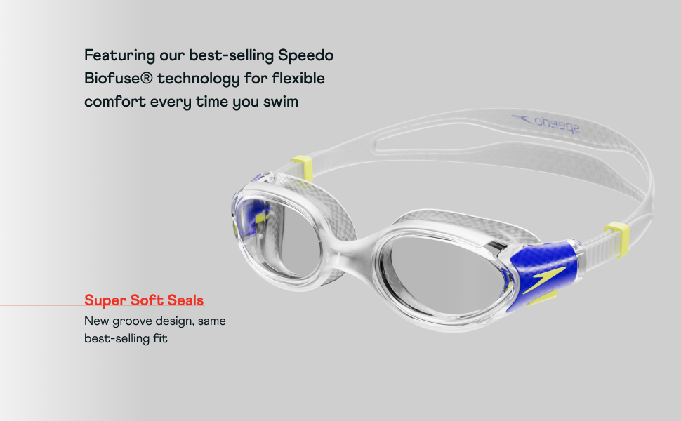 Render image of clear, blue and yellow kids goggle on a wgrey background