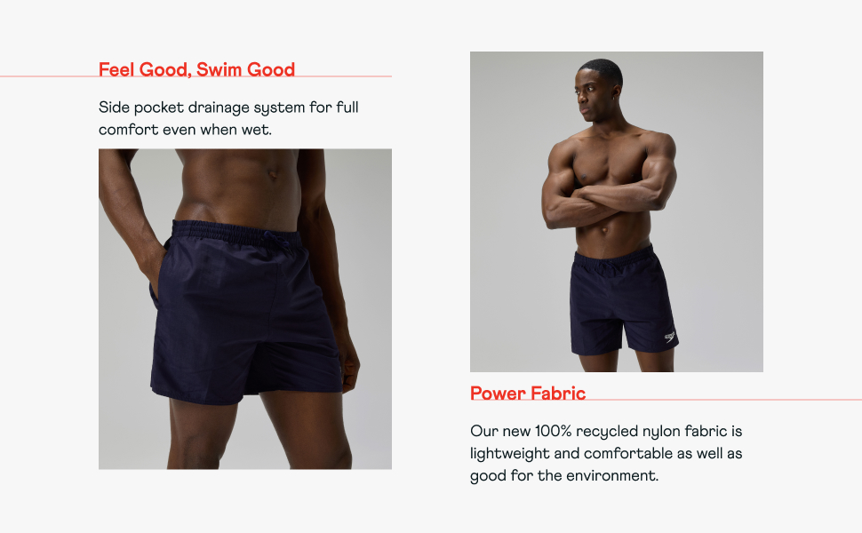 Two images of a male model wearing navy swim shorts