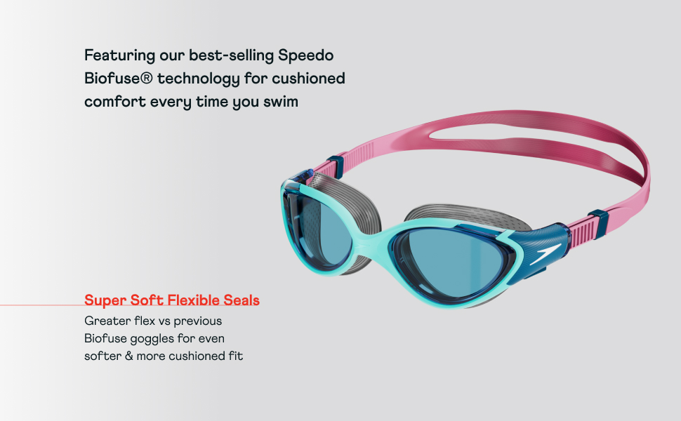 Render image of one pair of pink and blue swimming goggles on a grey background